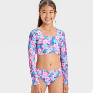 Art Class Pink and Blue Floral Kids Swim Rashguard